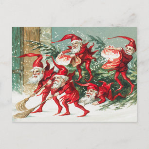 Weihnachts-Santa-Elfen fegen Schnee Urlaub Feiertagspostkarte