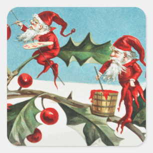 Weihnachts-Santa-Elfen malen Beeren auf Blättern Quadratischer Aufkleber