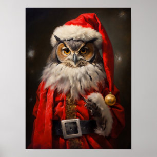 Weihnachts-Santa-Eule Vintage-Porträt, gekleidetes Poster