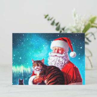Weihnachts-Santa-und-Katze-Flachnotizkarte Mitteilungskarte