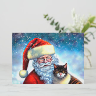 Weihnachts-Santa-und-Katze-Flachnotizkarte Mitteilungskarte