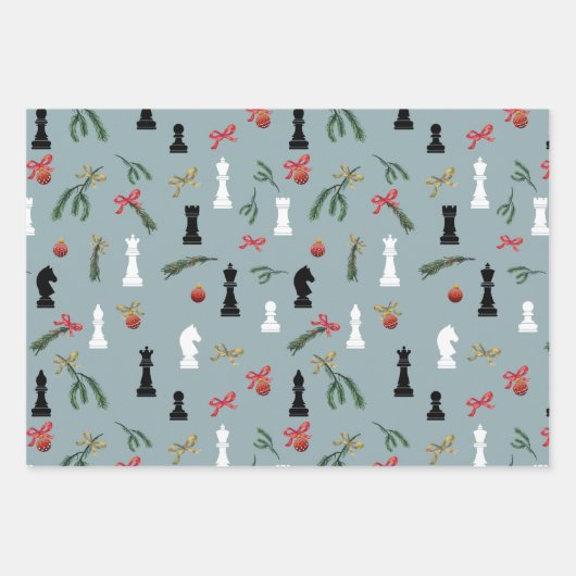 Weihnachts Schachspiel Muster Blau Geschenkpapier Set (Vorderseite)