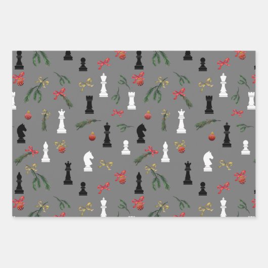 Weihnachts Schachspiel Muster Grau Geschenkpapier Set (Vorderseite 3)