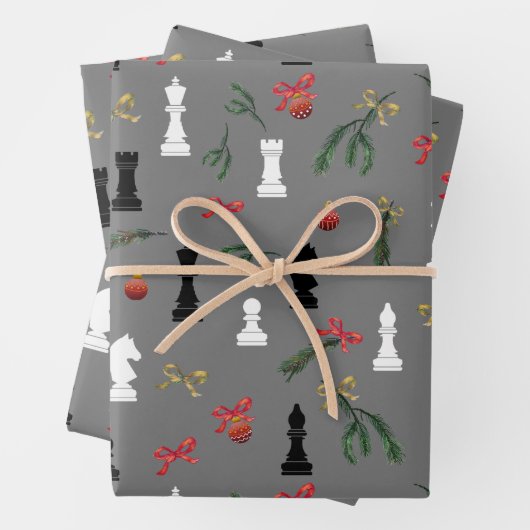Weihnachts Schachspiel Muster Grau Geschenkpapier Set (Beispiel)