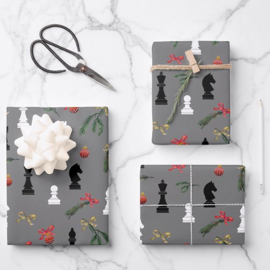 Weihnachts Schachspiel Muster Grau Geschenkpapier Set (Vorderseite)