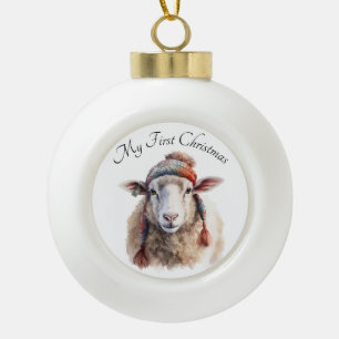 Weihnachts-Schaf mit individuellem Text auf dem Wi Keramik Kugel-Ornament