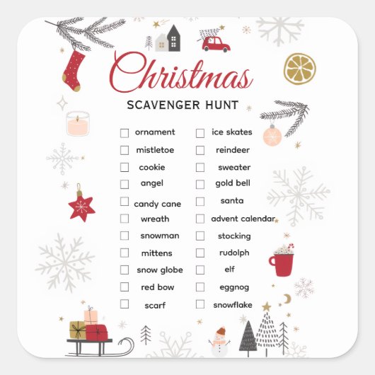 Weihnachts-Schatzsuche-Checkliste Kunst Quadratischer Aufkleber (Vorderseite)