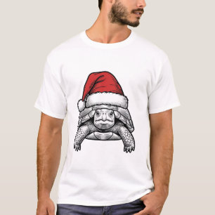 Weihnachts-Schildkröte-Santa-Hut-Vintage-Stich-Des T-Shirt
