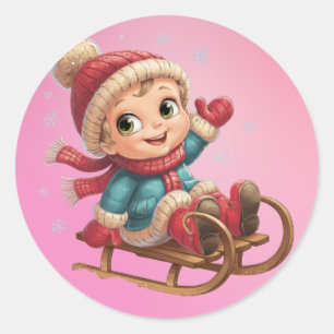 Weihnachts Schlittenfahrt mit Adorable Winter Chil Runder Aufkleber