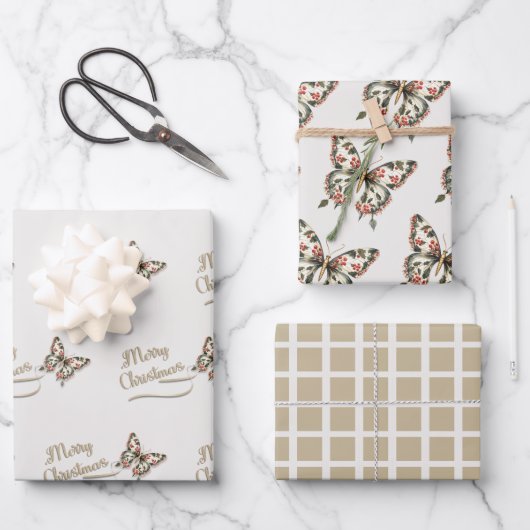 Weihnachts-Schmetterling Rot und Gold Geschenkpapier Set (Vorderseite)