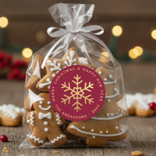 Weihnachts-Schneeflocke Burgunderrot Faux-Gold Ele Runder Aufkleber