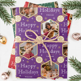 Weihnachts-Schneeflocken-Foto Lila Rotes Grün 3 Geschenkpapier Set