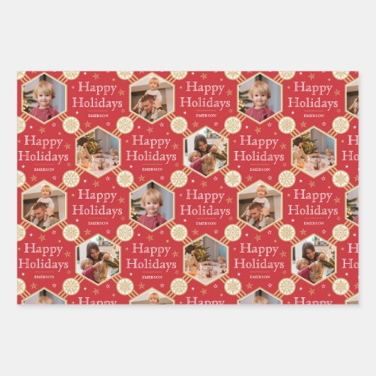 Weihnachts-Schneeflocken-Foto Red Green Blue 3 Geschenkpapier Set (Vorderseite)