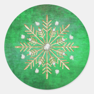 Weihnachts-Schneeflocken Grün & Gold Runder Aufkleber