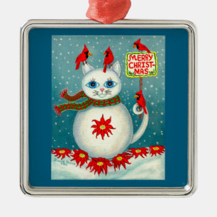 Weihnachts-Schneekatze Kardinalvogel Schneemann We Ornament Aus Metall