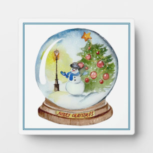 Weihnachts-Schneekugel mit Schneemann und Baum Fotoplatte
