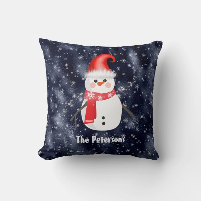 Weihnachts-Schneemann auf dunkelblauem Schneeunter Kissen (Vorderseite)