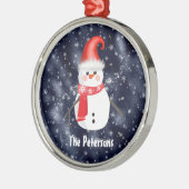 Weihnachts-Schneemann auf dunkelblauem Schneeunter Ornament Aus Metall (Links)