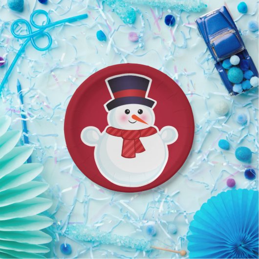 Weihnachts-Schneemann im roten Hintergrund Pappteller (Party)