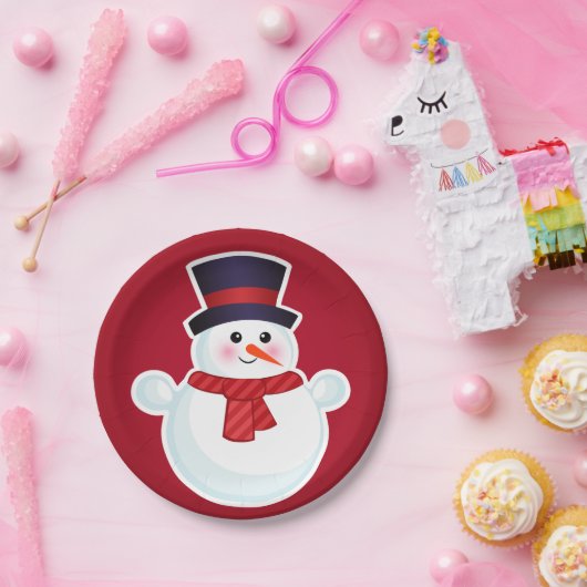Weihnachts-Schneemann im roten Hintergrund Pappteller (Party)