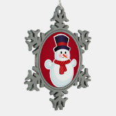 Weihnachts-Schneemann im roten Hintergrund Schneeflocken Zinn-Ornament (Links)