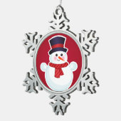 Weihnachts-Schneemann im roten Hintergrund Schneeflocken Zinn-Ornament (Rechts)