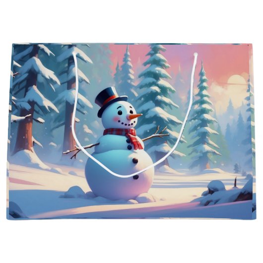 Weihnachts-Schneemann im Winterwald Große Geschenktüte (Vorderseite)