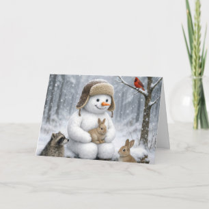 Weihnachts-Schneemann im Winterwald mit Tieren Karte