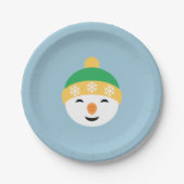 Weihnachts-Schneemann in Green Hat on Light Blue Pappteller (Vorderseite)
