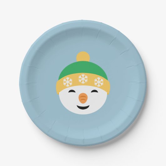 Weihnachts-Schneemann in Green Hat on Light Blue Pappteller (Vorderseite)
