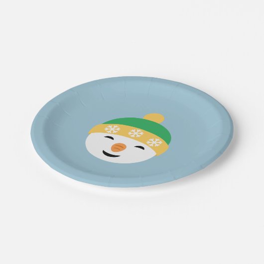 Weihnachts-Schneemann in Green Hat on Light Blue Pappteller (Schrägansicht)