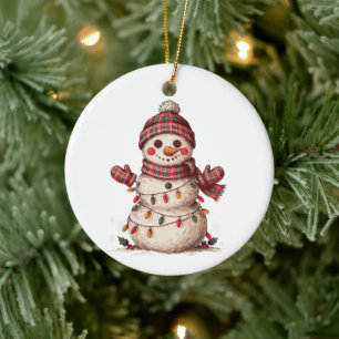 Weihnachts-Schneemann-Karierter Hut Schal Lichter  Keramik Ornament