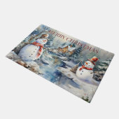 Weihnachts-Schneemann-Log Kabine Wald Fluss Fußmatte (Schrägansicht)