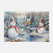 Weihnachts-Schneemann-Log Kabine Wald Fluss Fußmatte (Vorderseite)