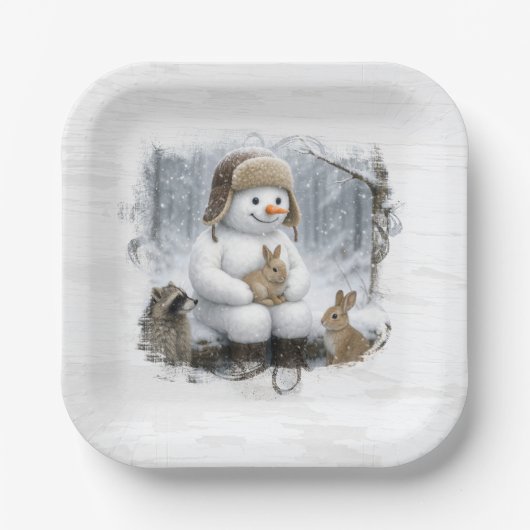 Weihnachts-Schneemann mit Freunden im Winterwald Pappteller (Vorderseite)