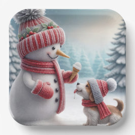 Weihnachts-Schneemann mit Hund Pappteller