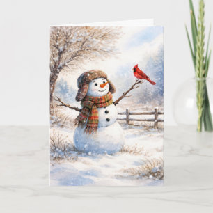 Weihnachts-Schneemann mit rotem Kardinalvogel Karte