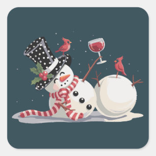 Weihnachts-Schneemann mit Wein-Geschenk Xmas Trink Quadratischer Aufkleber