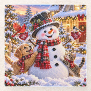 Weihnachts-Schneemann mit Welpen & Kätzchen Glasun Glasuntersetzer