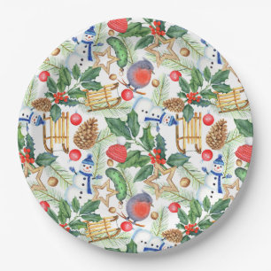 Weihnachts-Schneemann, Pinienzapfen, Stechpalme, S Pappteller