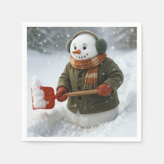 Weihnachts-Schneemann schippt Schnee Serviette (Vorderseite)