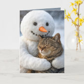 Weihnachts-Schneemann umarmt eine Tabby-Katze Karte (Gelbe Blume)