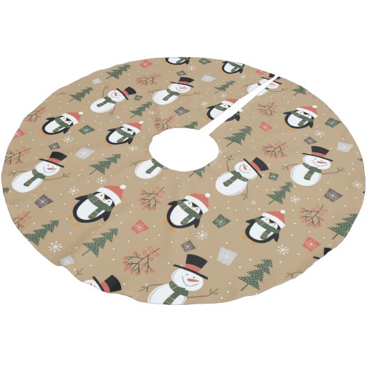 Weihnachts-Schneemann und Pinguine-Baumrock Polyester Weihnachtsbaumdecke (Schrägansicht)