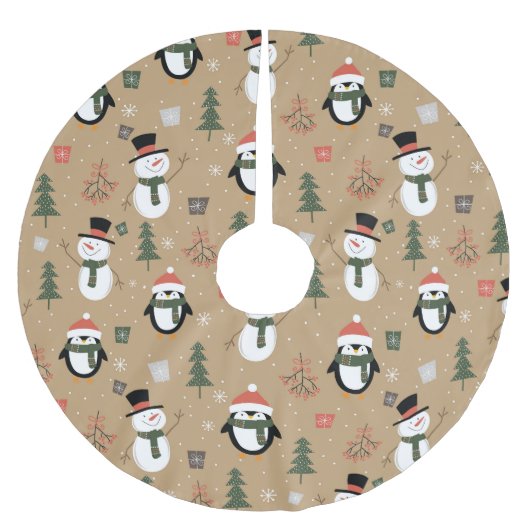 Weihnachts-Schneemann und Pinguine-Baumrock Polyester Weihnachtsbaumdecke (Vorderseite)