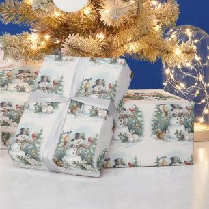 Weihnachts-Schneemann und Waldvögel, Tiere Geschenkpapier
