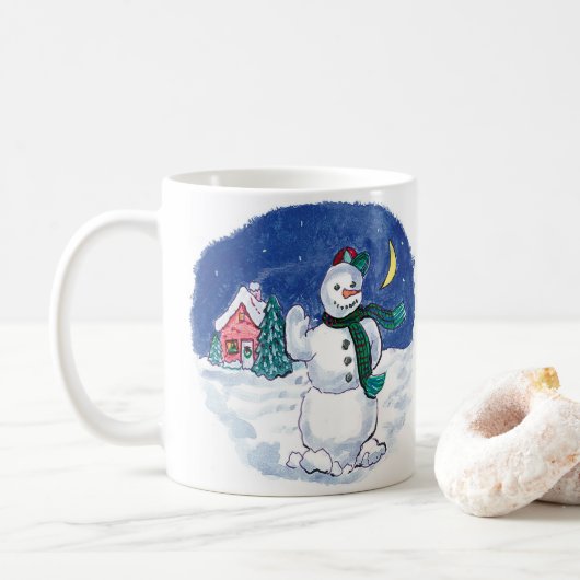 Weihnachts-Schneemann Waving Kaffeetasse (Mit Donut)