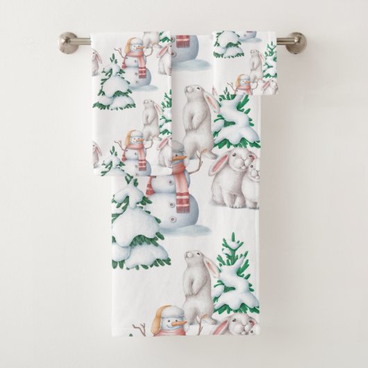 Weihnachts-Schneemännchen-Hasen-Bäume-Illustration Badhandtuch Set (Insitu)