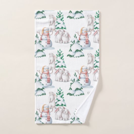 Weihnachts-Schneemännchen-Hasen-Bäume-Illustration Badhandtuch Set (Handtuch)