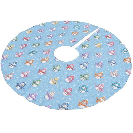 Weihnachts-Schneemänner in Schneeflocken Polyester Weihnachtsbaumdecke (Schrägansicht)