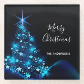 Weihnachts-schwarz-blau-glänzender Baumname Glasuntersetzer (Vorderseite)